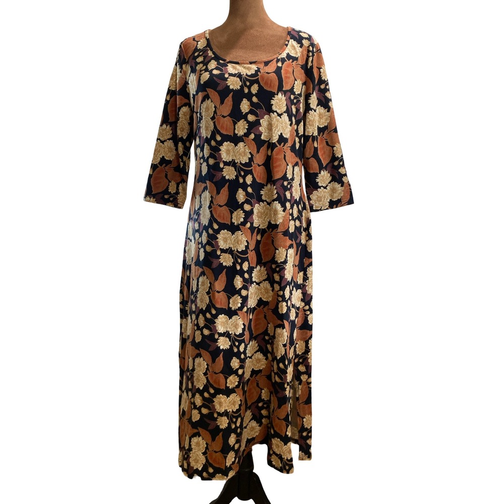 Sahalie Floral Midi Dress Womens PL Petite Large Black Rust Cotton Modal Stretch